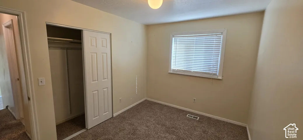 Interior space featuring neutral wall tones, carpeted flooring, a closet with sliding panel doors, and a window equipped with horizontal blinds