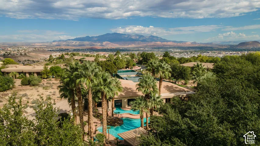 Resort-style outdoor living with resort-style pool and spa, mature palm trees providing natural shade, and expansive hardscaped entertaining areas