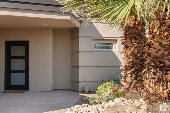 Modern entry featuring a sleek black-framed glass door with horizontal paneling, neutral stucco exterior with horizontal banding detail, mature palm tree landscaping, and low-maintenance stone and gravel hardscaping