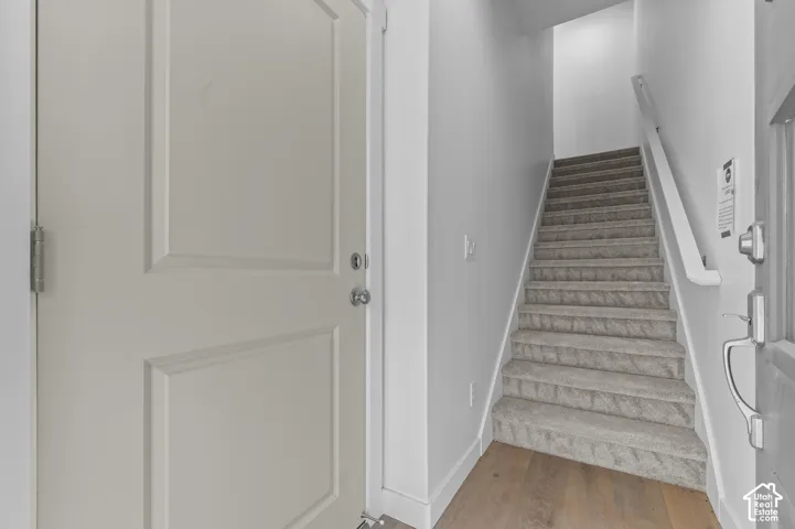 Entryway featuring a solid-core door with metallic hardware, wood-finish flooring, and a staircase with carpeted treads and a wall-mounted handrail