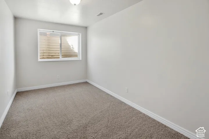 Neutral-toned interior space featuring light-colored wall paint, carpeted flooring, a flush-mount ceiling light, and a single sliding window