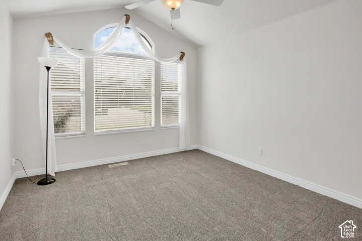 Vaulted ceiling with an arched window, triple-pane window configuration, and neutral wall-to-wall carpeting