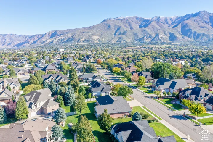 Aerial perspective of a residential neighborhood featuring established trees, manicured landscaping, and a prominent mountain backdrop