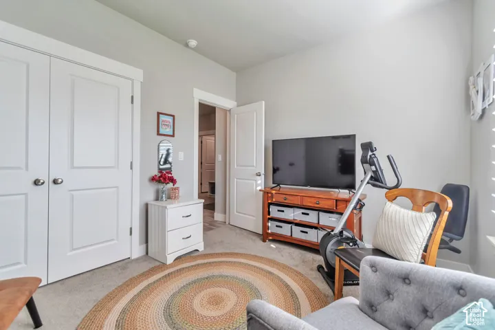 Neutral wall color, carpeted flooring, two-panel interior doors, and closet with double doors