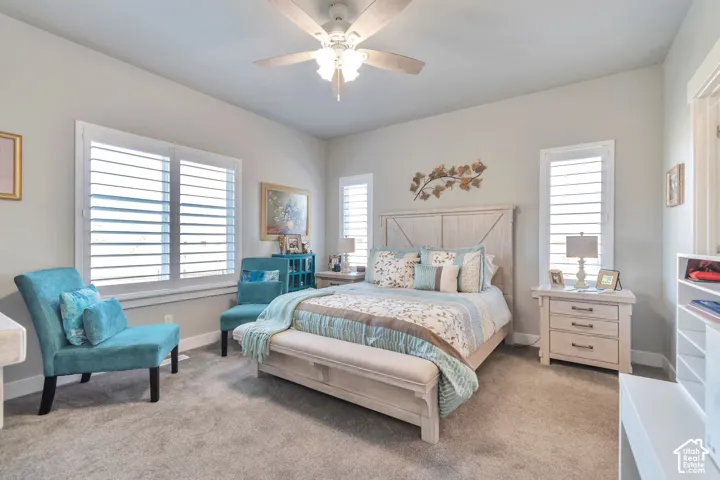 Neutral-toned interior featuring high ceilings, carpeted flooring, plantation shutters, and a three-blade ceiling fan with integrated lighting