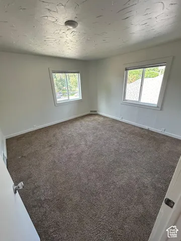 Neutral interior space featuring textured ceiling, neutral-toned wall-to-wall carpeting, and dual sliding windows with blinds