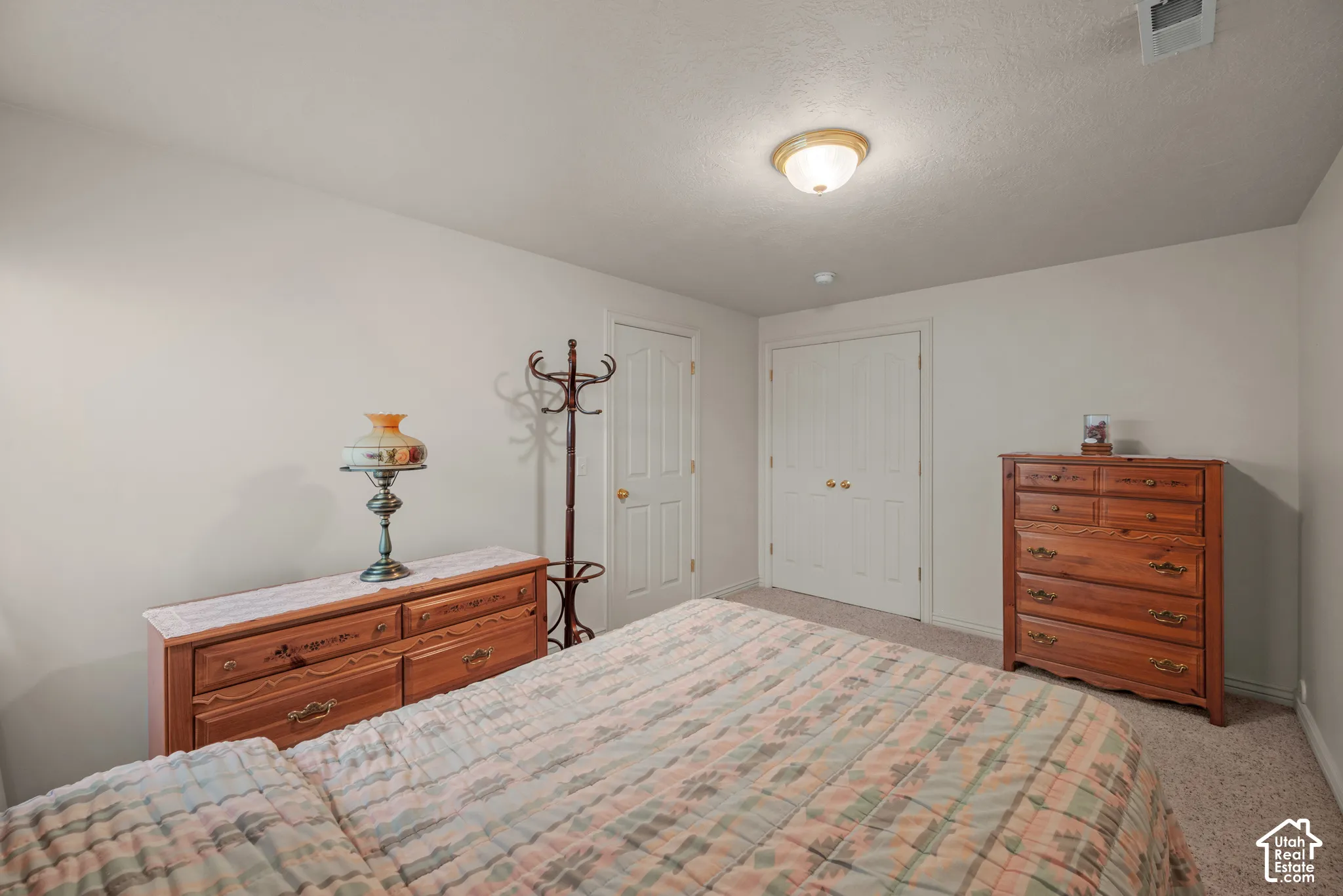 Neutral interior featuring wall-to-wall carpeting, a flush-mount ceiling light fixture, and a dual-panel closet door