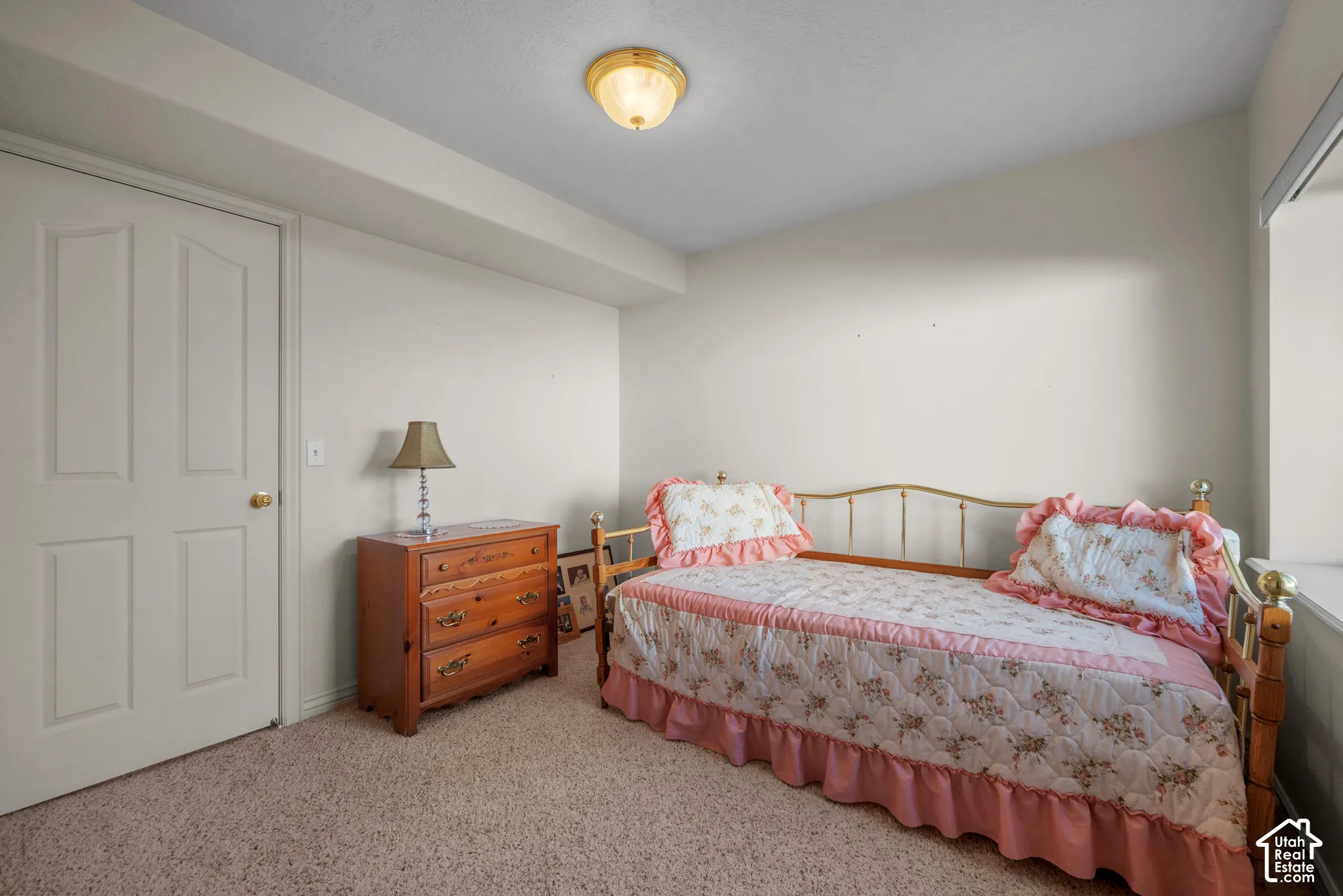 Neutral wall paint, beige carpeting, dome-style ceiling light fixture, and a four-panel interior door