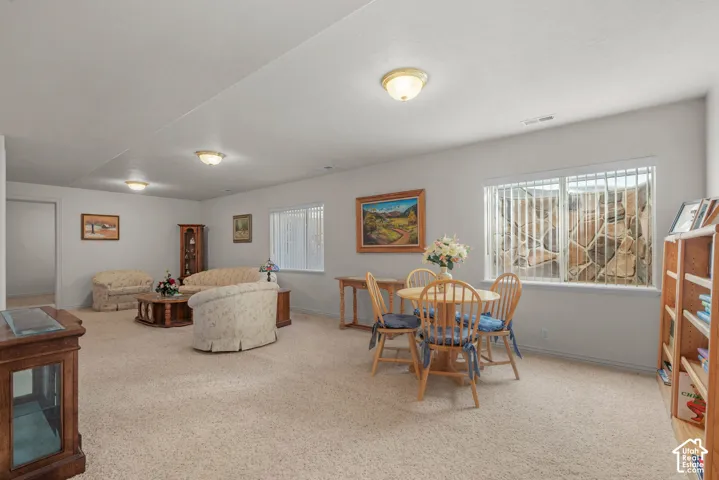Spacious interior featuring neutral carpeting, recessed dome lighting, built-in shelving, and window wells with natural stone retaining walls