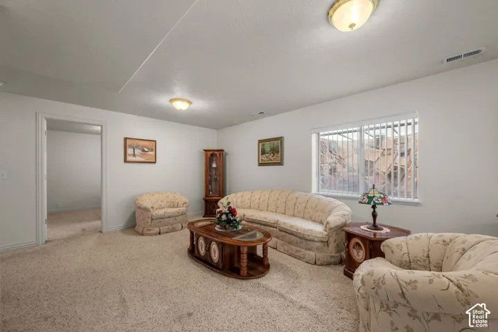 Neutral wall color, wall-to-wall carpeting, flush-mount lighting, and window with vertical blinds