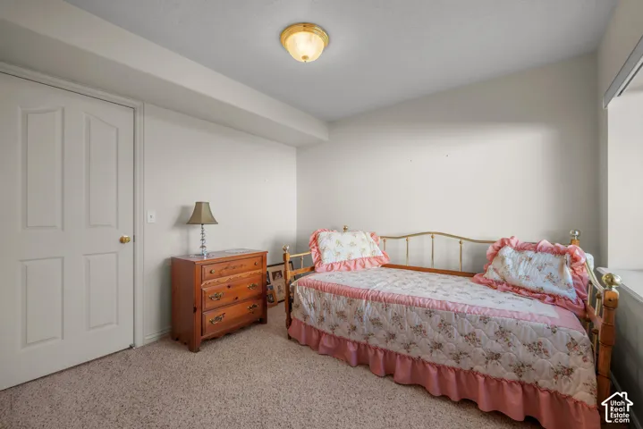 Neutral wall paint, beige carpeting, dome-style ceiling light fixture, and a four-panel interior door