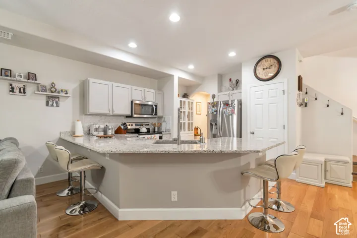 Kitchen featuring a wraparound countertop with an integrated stainless steel sink, wood-finish flooring, recessed lighting, and cabinetry with a light finish