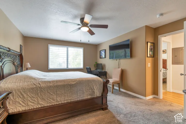 Neutral-toned room featuring wall-to-wall carpeting, window with plantation-style shutters, and a ceiling fan with integrated light fixture