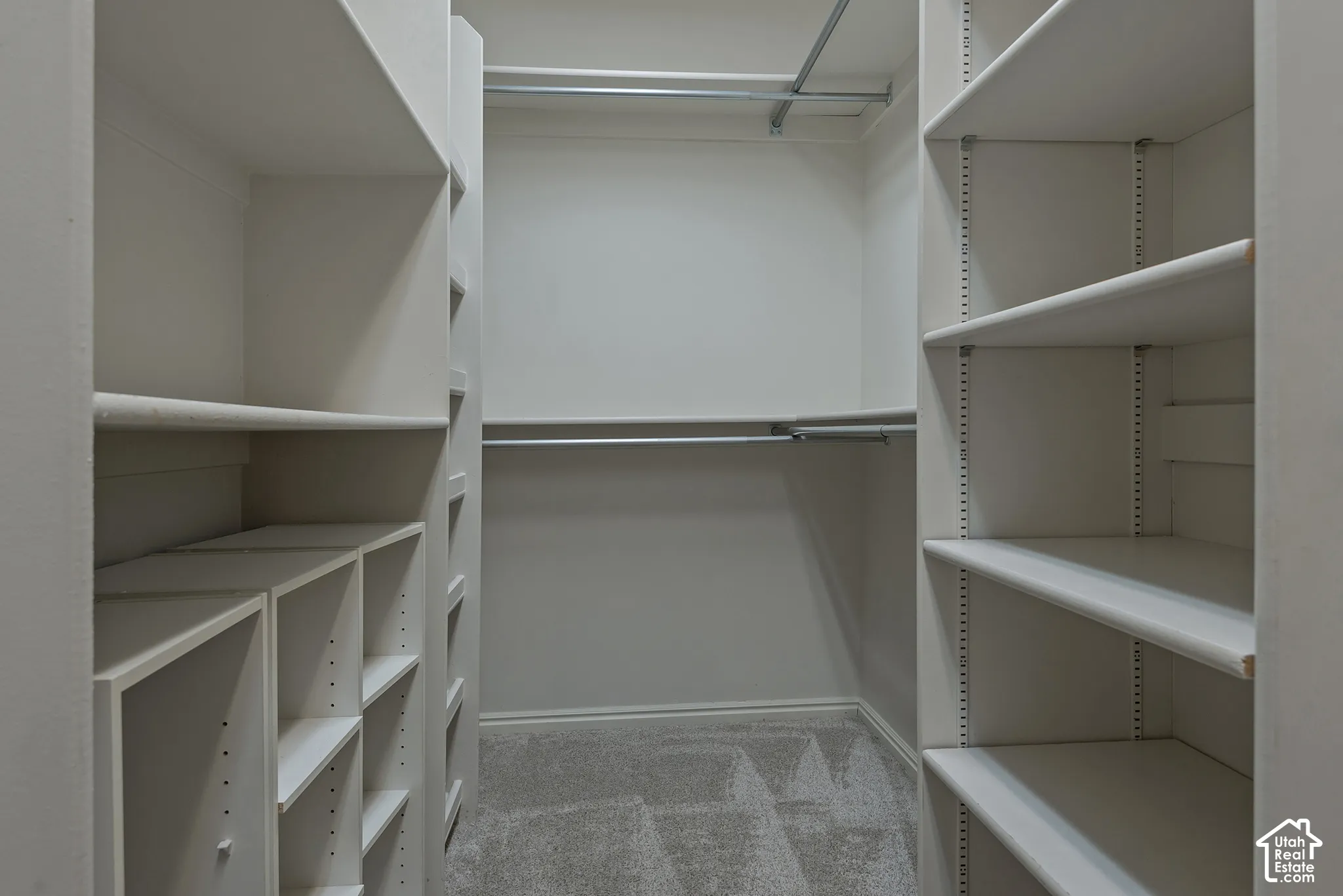 Built-in shelving, hanging rods, carpet flooring