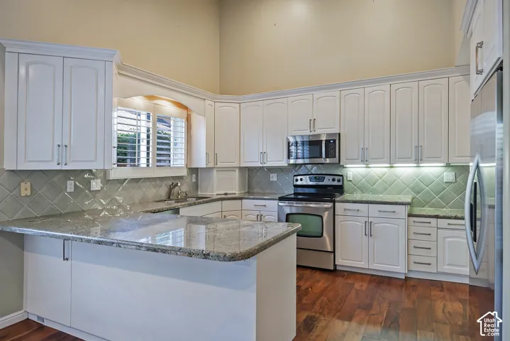 U-shaped kitchen featuring white cabinetry, granite countertops, a tiled backsplash, stainless steel appliances, and wood-finish flooring