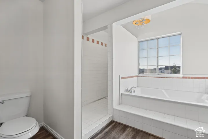 Bathroom featuring a drop-in soaking tub with a tile surround, glass-enclosed walk-in shower, wood-finish flooring, and recessed lighting