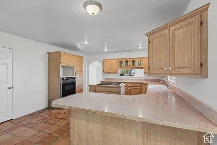 Kitchen featuring light wood cabinetry, a center island with a gas cooktop, terracotta tile flooring, and a peninsula-style countertop
