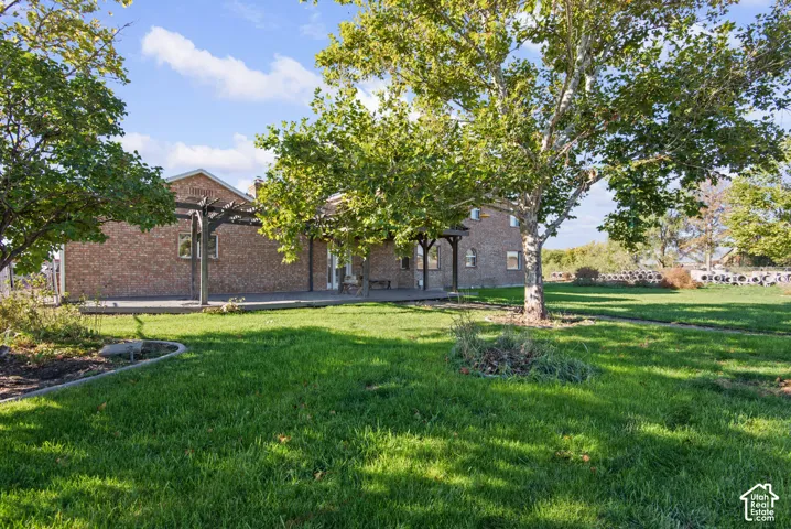 Backyard featuring a brick exterior, wooden pergola, and mature trees situated on a grass lawn