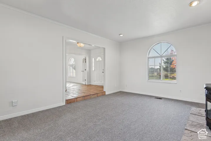 Carpeted interior featuring an arched window, recessed lighting, and a stone hearth