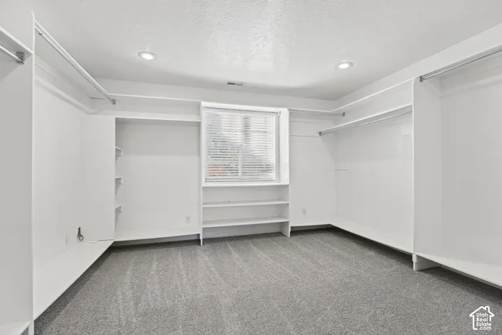 Walk-in closet featuring extensive built-in white shelving, integrated hanging rods, wall-to-wall carpeting, and a window with blinds