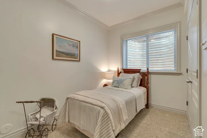 Neutral wall finishes, recessed window, carpeted flooring, and multi-panel closet door
