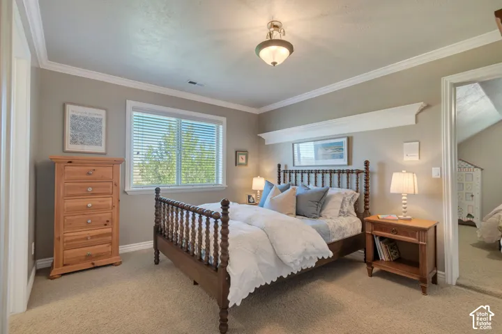 Neutral-toned room featuring crown molding, a decorative wall-mounted ledge, carpeting, a single-light ceiling fixture, and a window with horizontal blinds