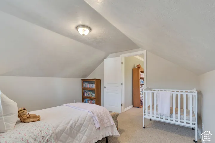 Vaulted ceilings featuring a flush-mount light fixture, neutral wall finishes, and solid-core interior doors