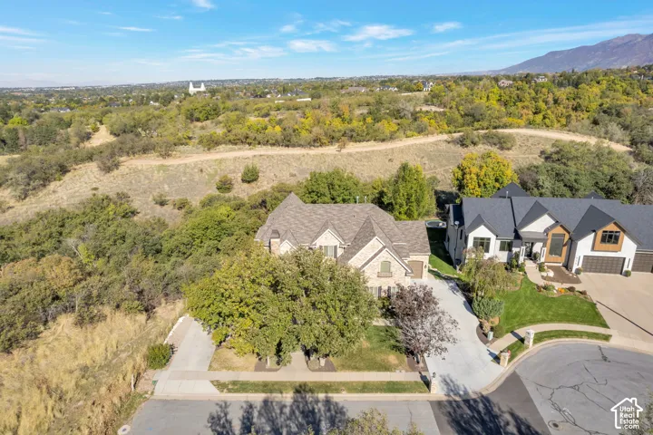 Aerial perspective featuring multi-gabled rooflines, stone and stucco exterior cladding, multi-car garages, concrete driveways, and expansive natural hillside surroundings