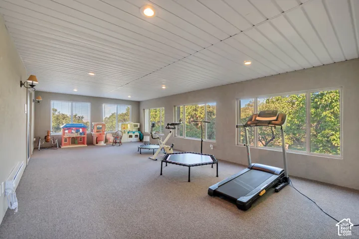 Spacious room featuring neutral carpeting, a white horizontal-paneled ceiling, recessed lighting, and multiple large windows