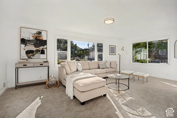 Neutral-toned wall-to-wall carpeting, large picture windows with clean white trim, and a low-profile flush-mount ceiling light fixture