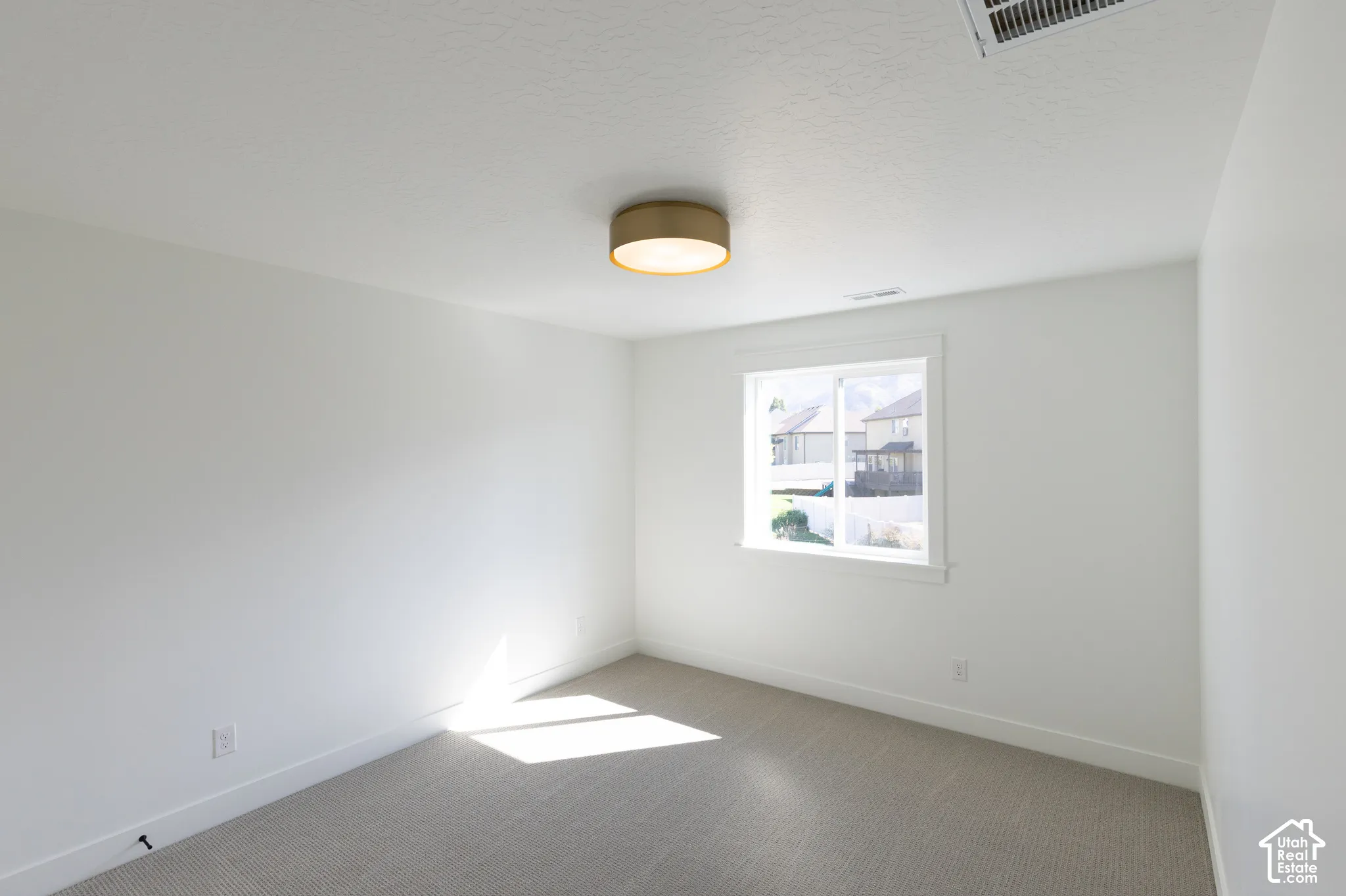 Neutral interior space featuring wall-to-wall carpeting, a brass-finish drum flush-mount light fixture, and a single-hung window with white casing