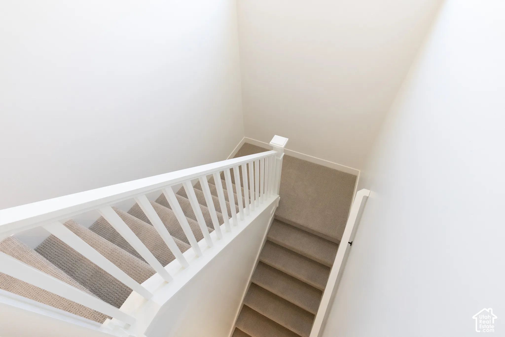 Staircase featuring wall-to-wall carpeting and a white wood balustrade