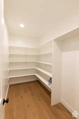 Walk-in storage space featuring multi-tiered shelving and wood-finish flooring