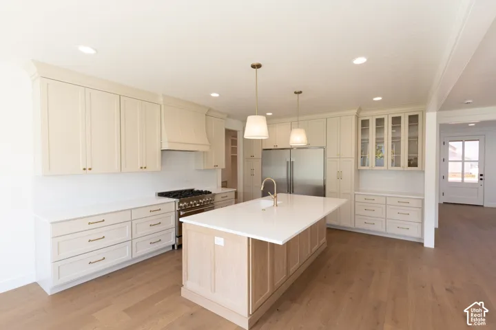 Kitchen featuring custom cabinetry, quartz countertops, central island, stainless steel appliances, and wood-finish flooring