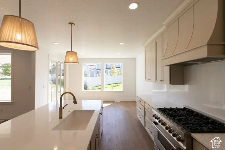 Kitchen featuring an island with a quartz countertop, an undermount farmhouse sink with a gooseneck faucet, custom cabinetry with a range hood, wood-finish flooring, and pendant lighting