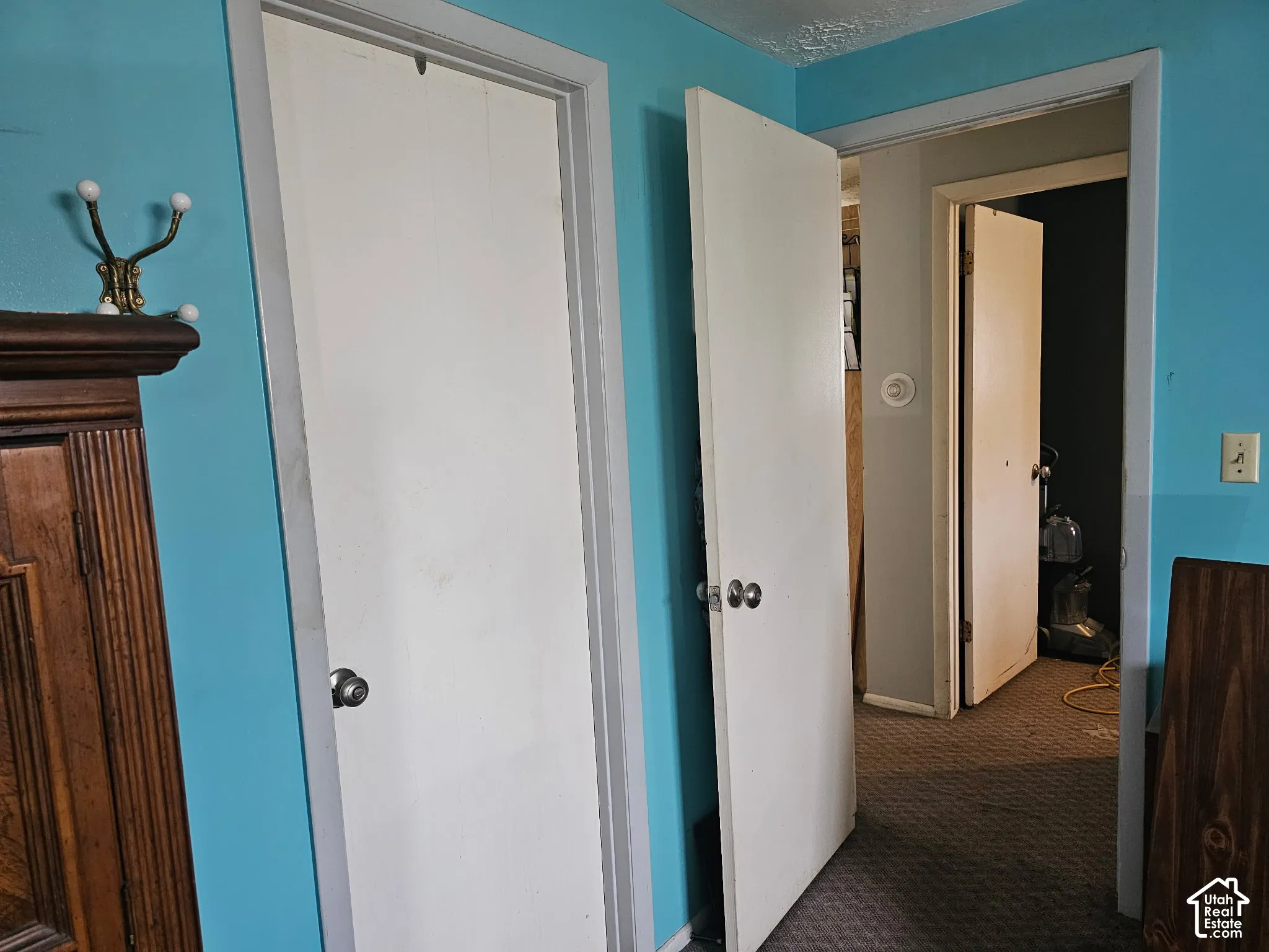 Interior featuring solid-core doors, neutral interior door hardware, and a wall-mounted brass-finish coat hook