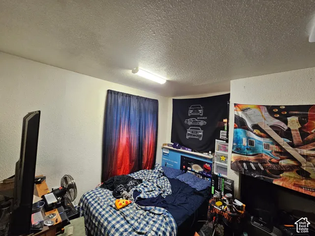 Textured walls, ceiling-mounted linear lighting fixture, and window with textile treatment