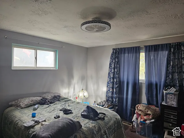Room featuring neutral wall paint, two sliding windows, and a flush-mount ceiling fan with an integrated light fixture
