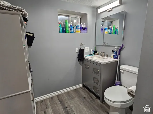 Bathroom featuring a vanity with stone-finish countertop, undermount sink, multi-drawer storage, wood-finish flooring, and wall-mounted vanity lighting