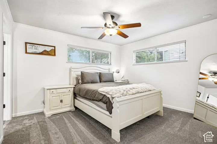 Room featuring plush carpeting, dual windows with horizontal blinds, and a central ceiling fan with integrated lighting