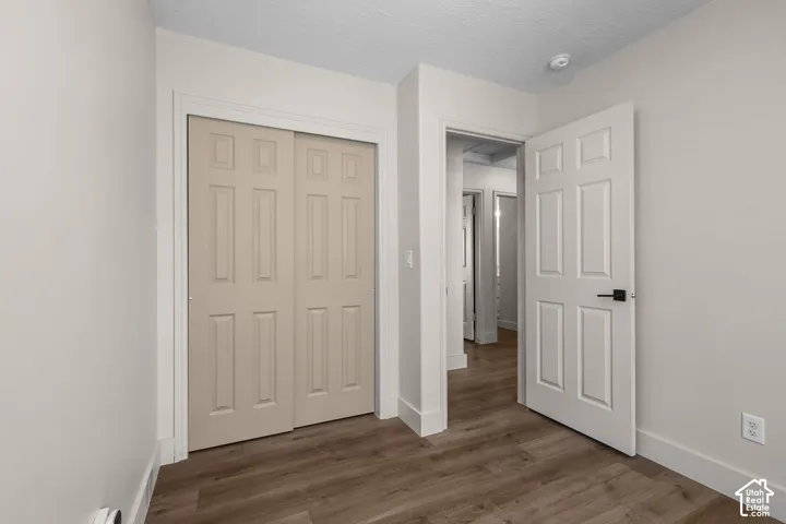 Wood-finish flooring, six-panel closet doors, six-panel interior swing door with matte black hardware, and neutral wall tones