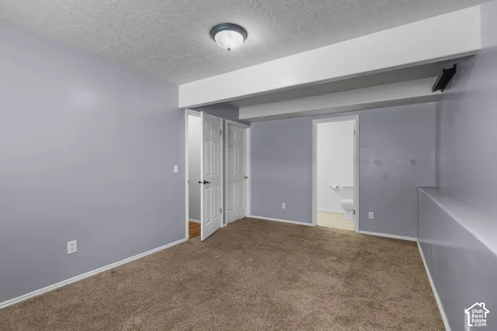 Neutral-toned room featuring plush wall-to-wall carpeting, white paneled interior doors, a flush-mount ceiling light fixture, and exposed structural support beams