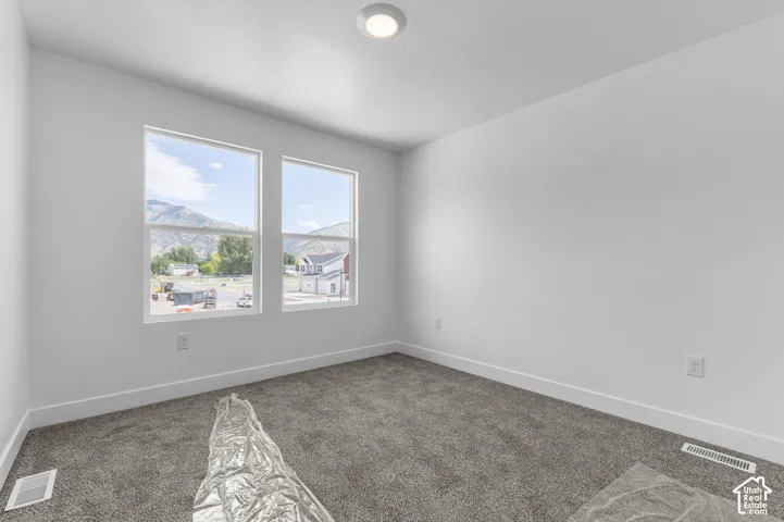 Room featuring neutral wall tones, plush wall-to-wall carpeting, dual-pane windows, flush-mount ceiling lighting, and mountain scenery