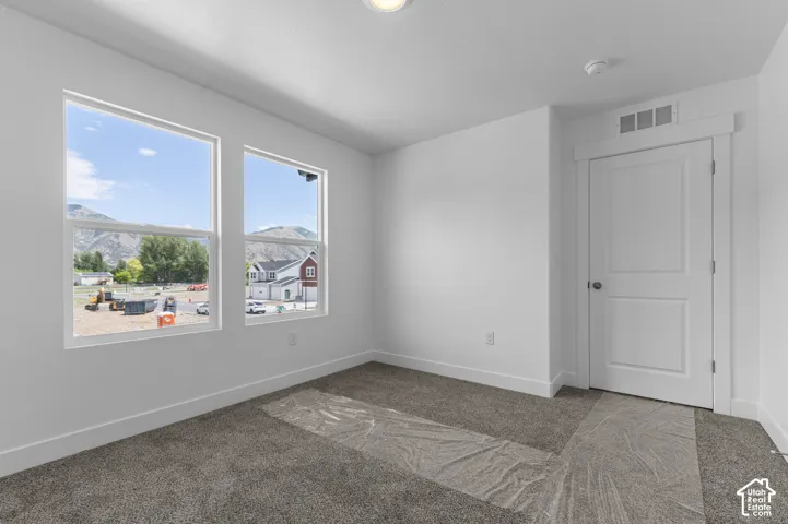 Room interior featuring dual-pane windows with mountain scenery, neutral-toned wall-to-wall carpeting, and a white paneled interior door with matching trim