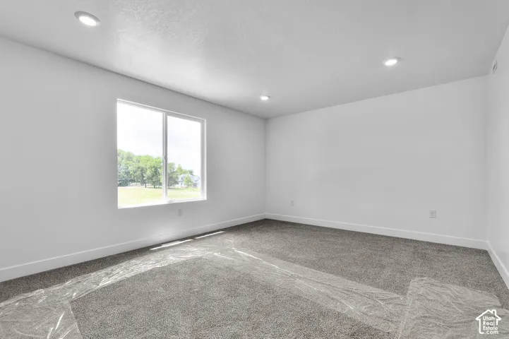 Neutral-toned interior space featuring recessed ceiling lighting, grey wall-to-wall carpeting, and a large sliding window with exterior greenery