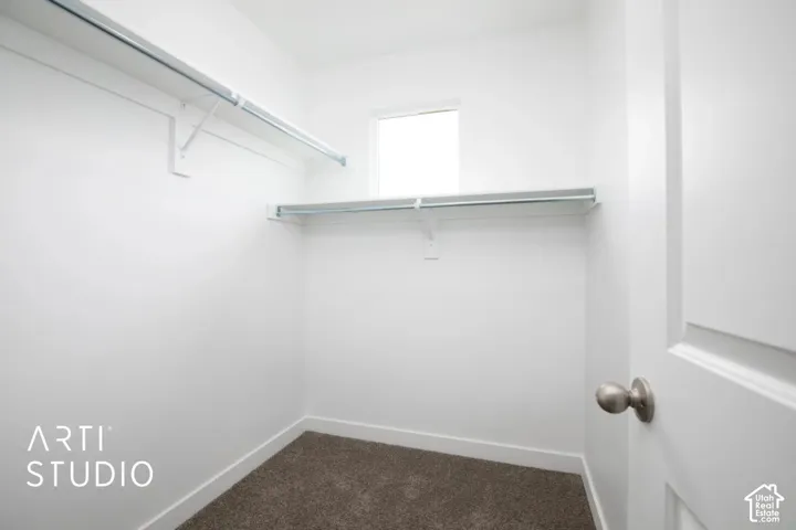 Walk-in closet featuring carpet flooring, white walls, built-in shelving with dual metal hanging rods, and a square window