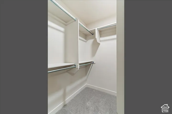 Walk-in closet featuring white composite shelving, dual-tier hanging rods, and neutral carpeting