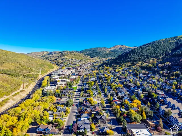Aerial perspective of a mountain town featuring expansive valley vistas, diverse architectural residential structures, and mature tree canopy throughout the landscape