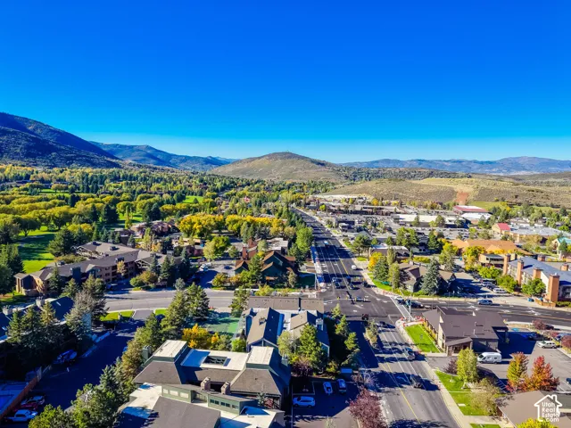 Aerial perspective featuring mountain terrain, mature tree canopy, and established roadway infrastructure