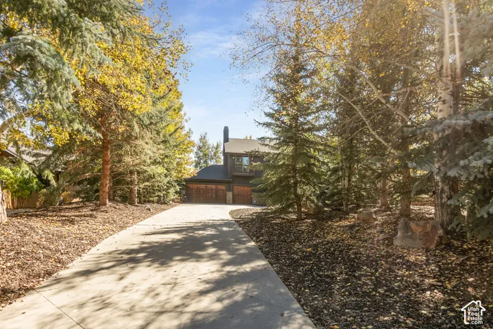 Multi-level exterior with dark wood siding, concrete driveway, attached multi-car garage, stone chimney, and mature evergreen and deciduous trees